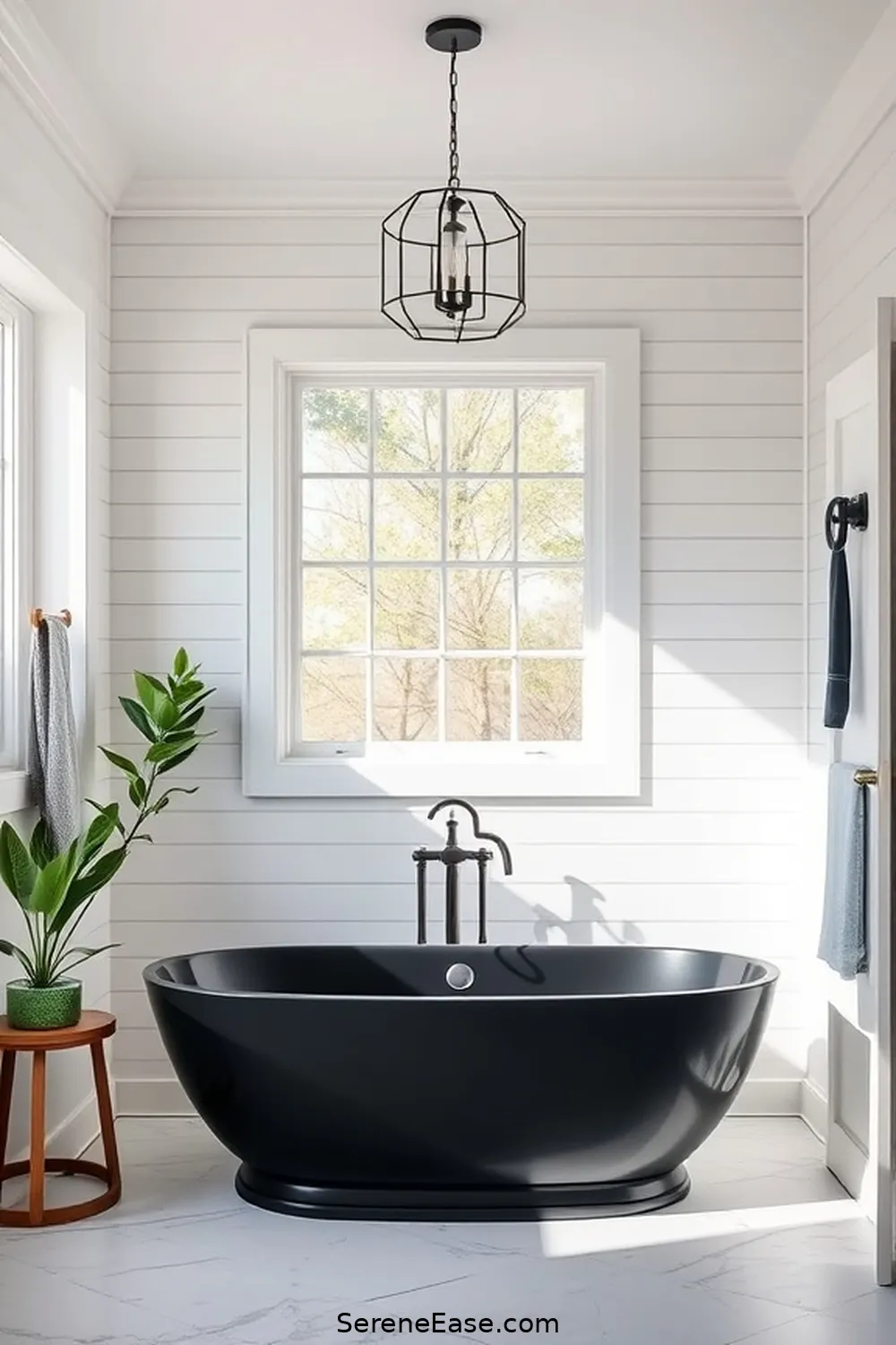 25 Stunning Black and White Bathroom Ideas in Modern Farmhouse Style 15 Statement Black Bathtub for 25 Stunning Black and White Bathroom Ideas in Modern Farmhouse Style