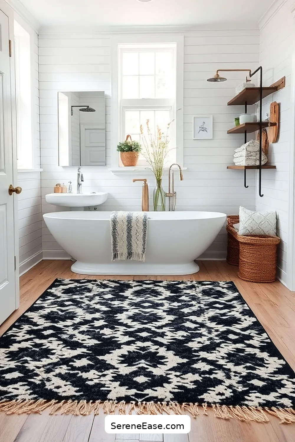 25 Stunning Black and White Bathroom Ideas in Modern Farmhouse Style 9 Textured Black and White Rugs for 25 Stunning Black and White Bathroom Ideas in Modern Farmhouse Style
