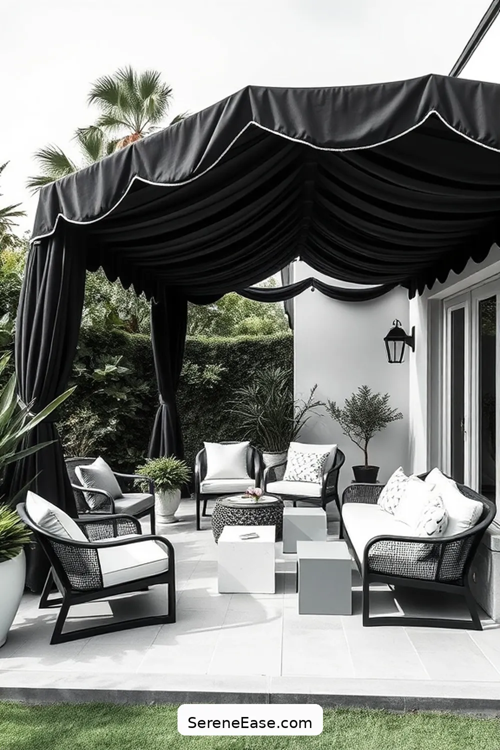 25 Stunning Black and White Scandinavian Outdoor Patio Ideas 8 Chic Canopy or Pergola for 25 Stunning Black and White Scandinavian Outdoor Patio Ideas