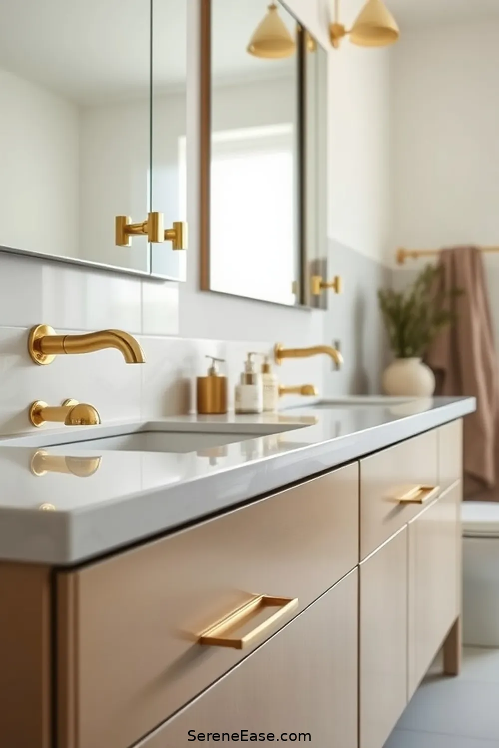 25 Stunning Metallic Accents for a Mid-Century Modern Bathroom 8 Brass Cabinet Hardware for 25 Stunning Metallic Accents for a Mid-Century Modern Bathroom