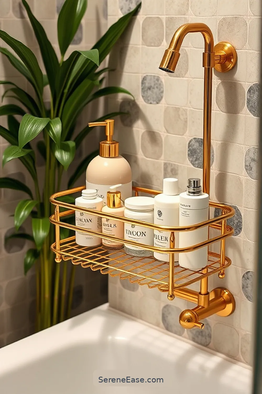 25 Stunning Metallic Accents for a Mid-Century Modern Bathroom 25 Brass Shower Caddy for 25 Stunning Metallic Accents for a Mid-Century Modern Bathroom