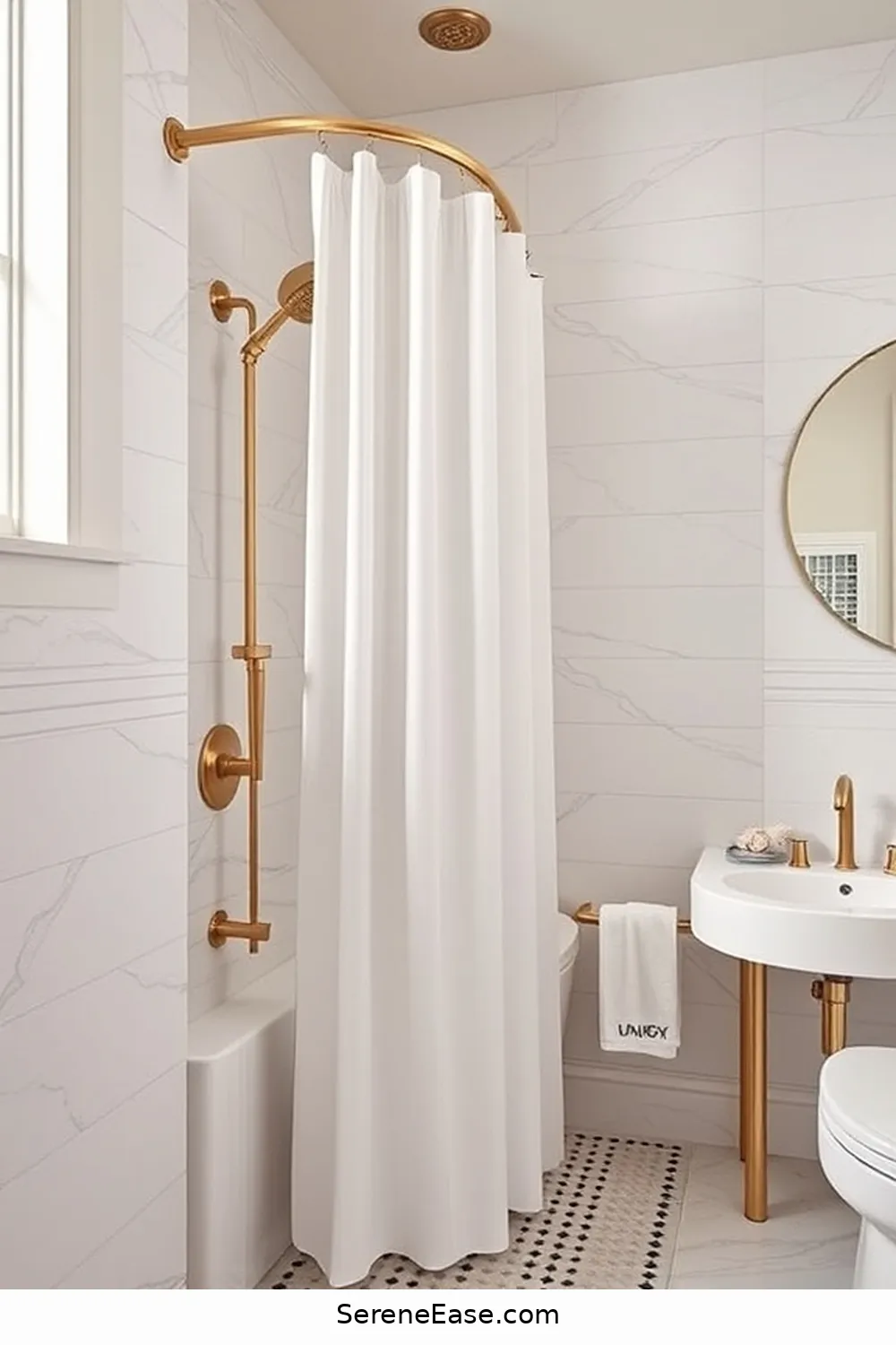 25 Stunning Metallic Accents for a Mid-Century Modern Bathroom 14 Gold Shower Curtain Rod for 25 Stunning Metallic Accents for a Mid-Century Modern Bathroom