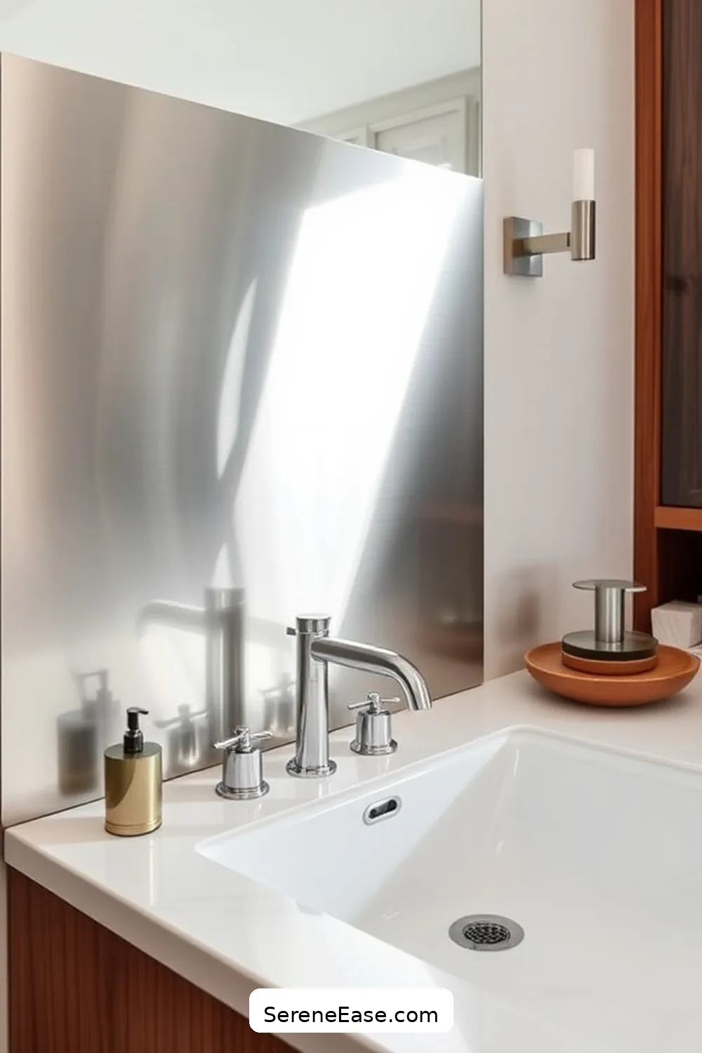 25 Stunning Metallic Accents for a Mid-Century Modern Bathroom 15 Stainless Steel Backsplash for 25 Stunning Metallic Accents for a Mid-Century Modern Bathroom