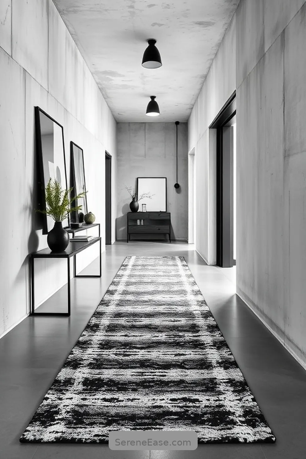 25 Ways to Achieve Black and White Industrial Style in Your Hallway 15 Add a Monochrome Runner Rug for 25 Ways to Achieve Black and White Industrial Style in Your Hallway
