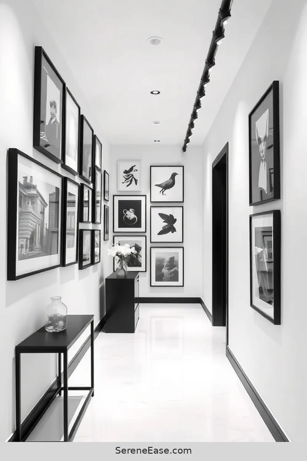 25 Ways to Achieve Black and White Industrial Style in Your Hallway 10 Create a Gallery Wall for 25 Ways to Achieve Black and White Industrial Style in Your Hallway