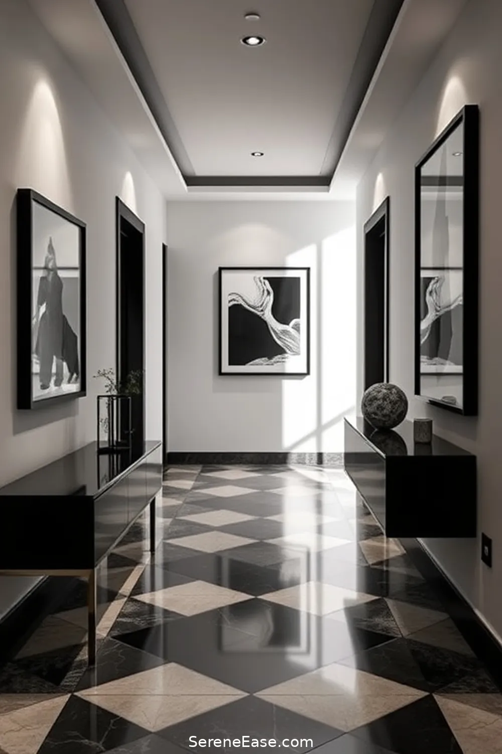 25 Ways to Achieve Black and White Industrial Style in Your Hallway 19 Incorporate Bold Black Frames for 25 Ways to Achieve Black and White Industrial Style in Your Hallway