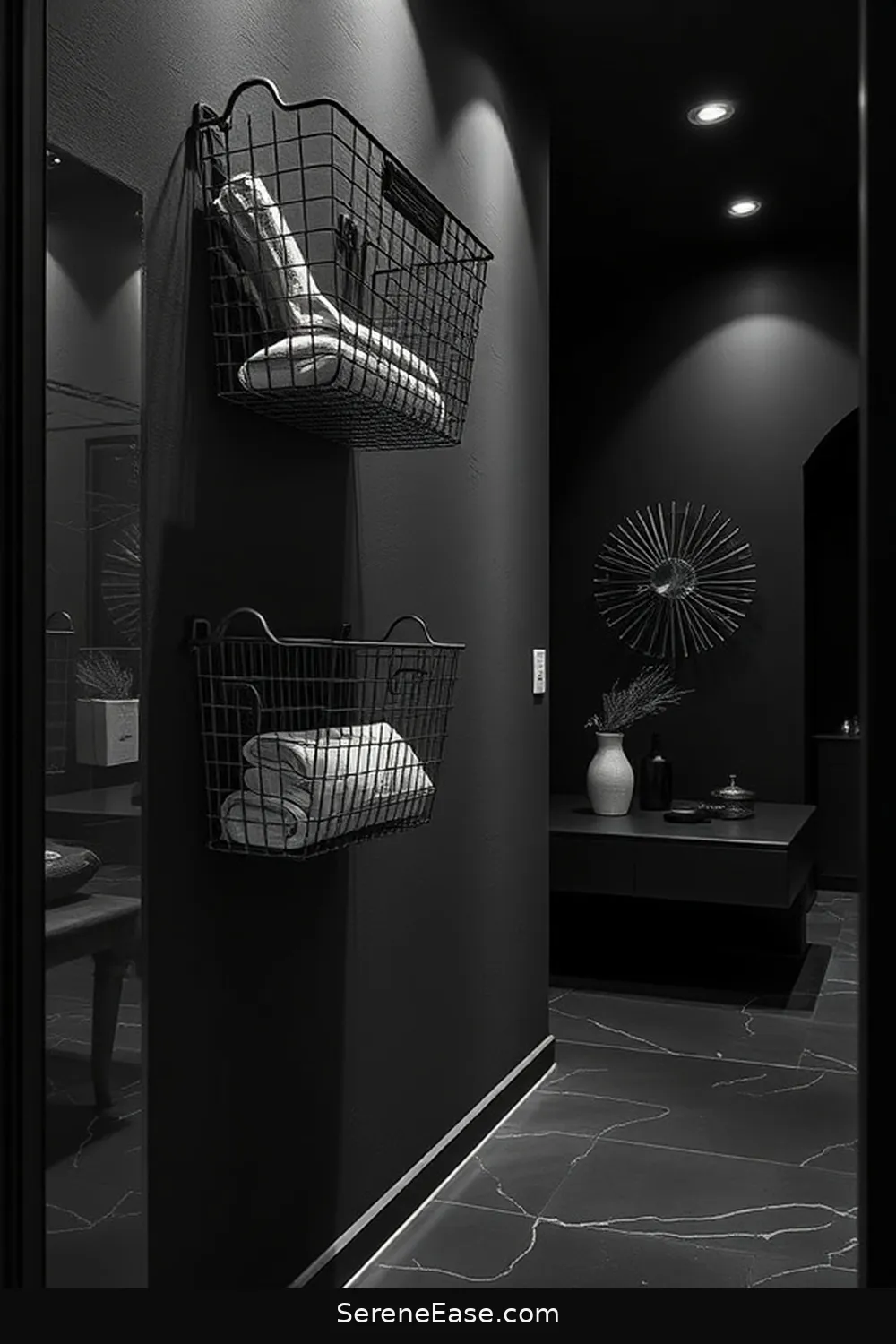 25 Ways to Achieve Black and White Industrial Style in Your Hallway 9 Utilize Wire Mesh Storage Baskets for 25 Ways to Achieve Black and White Industrial Style in Your Hallway
