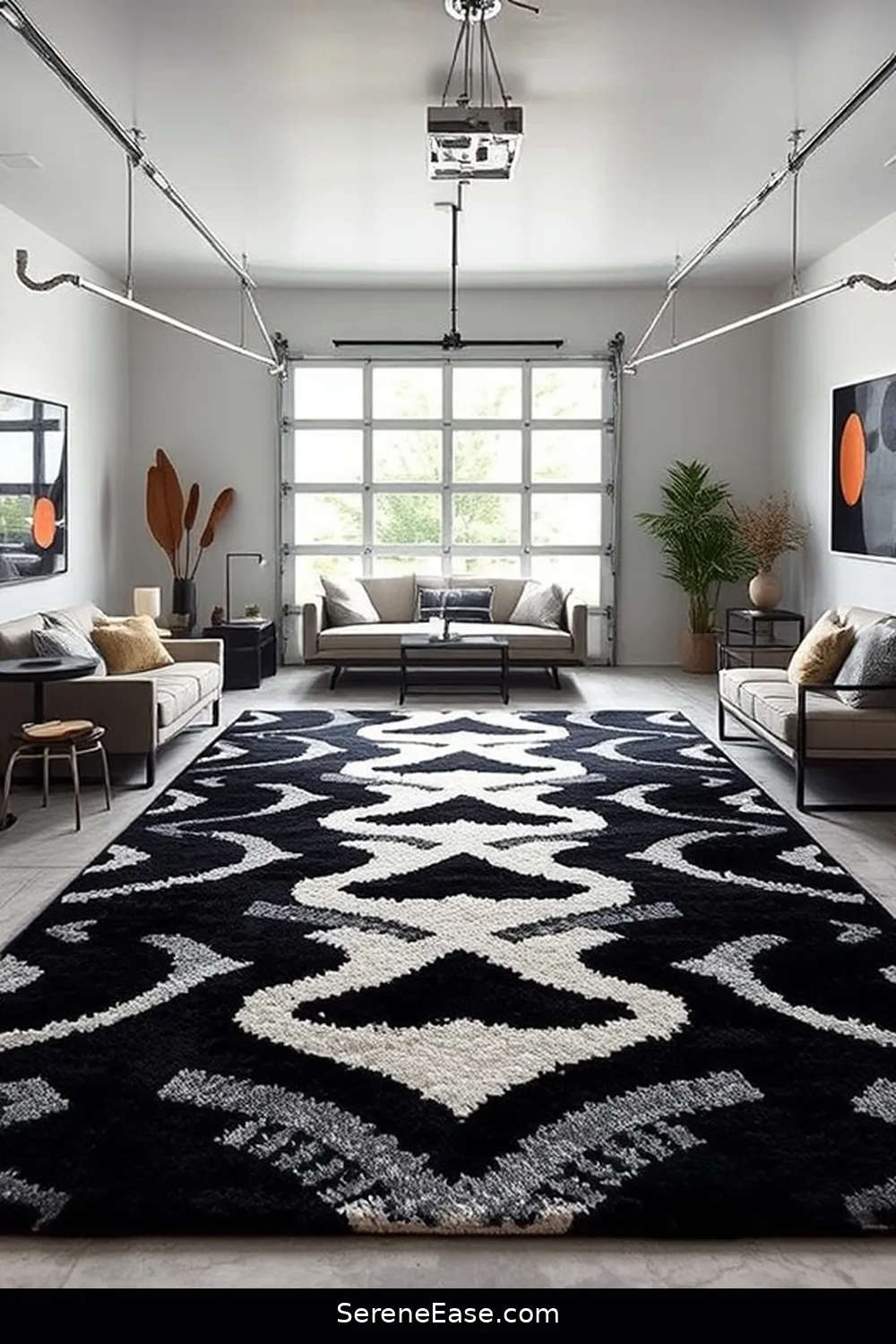 Add a Statement Rug for 25 Ways to Achieve Black and White Mid-Century Modern Garage Style