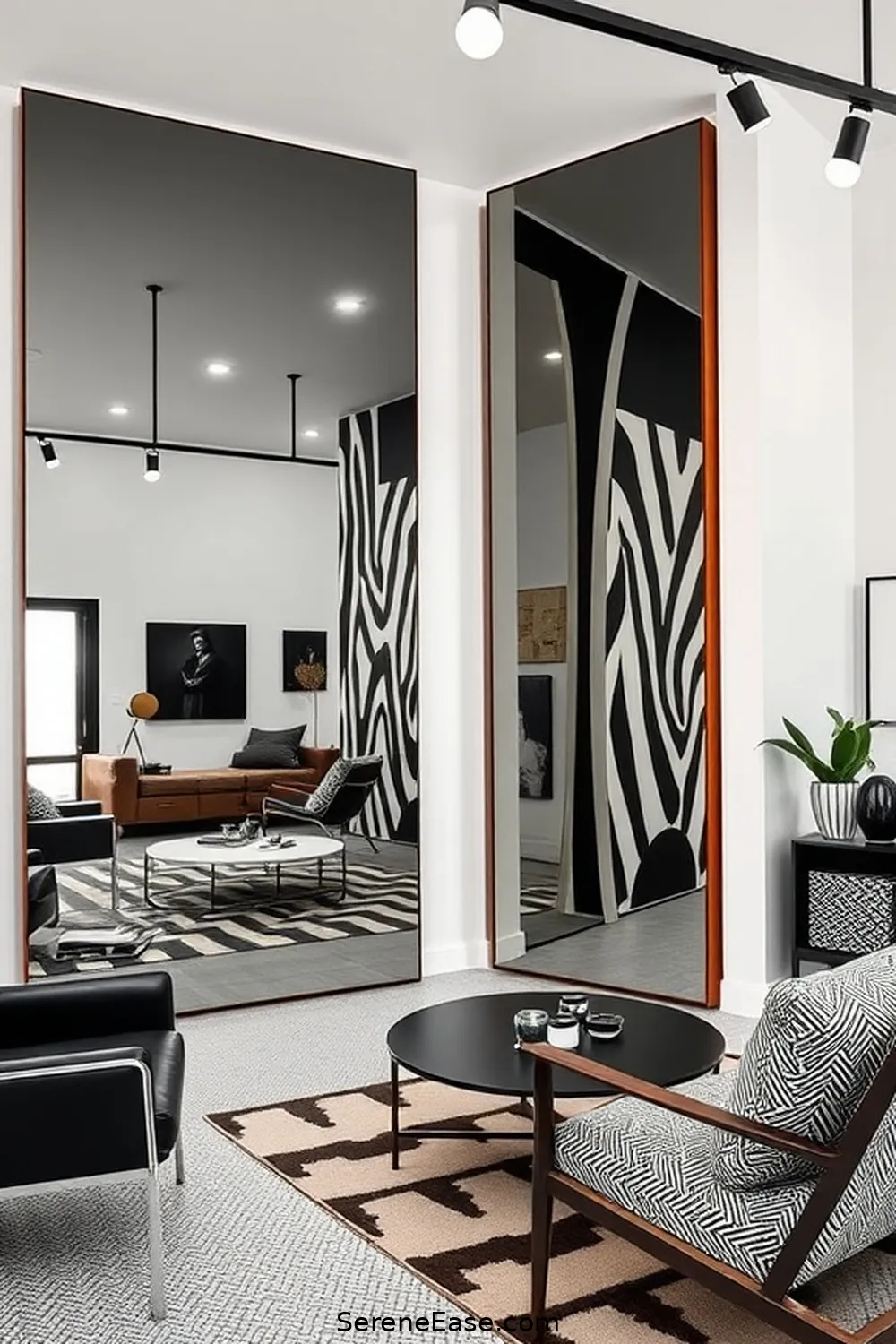 Enhance With Mirrors for 25 Ways to Achieve Black and White Mid-Century Modern Garage Style