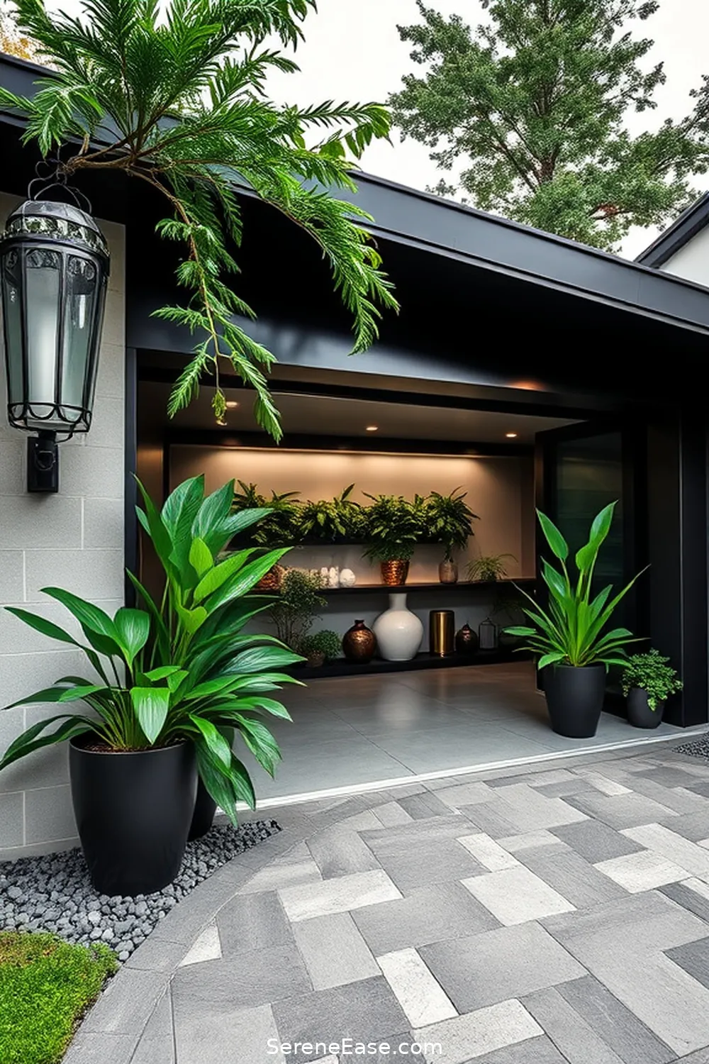 Incorporate Plants for Freshness for 25 Ways to Achieve Black and White Mid-Century Modern Garage Style