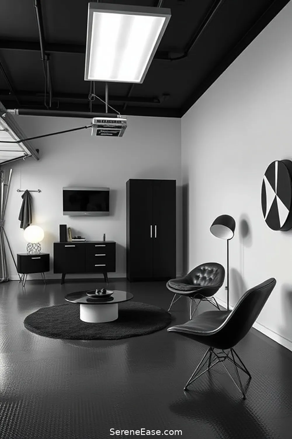 Opt for Minimalist Furniture for 25 Ways to Achieve Black and White Mid-Century Modern Garage Style