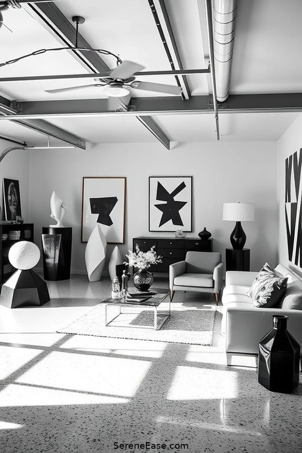 Use High-Contrast Accessories for 25 Ways to Achieve Black and White Mid-Century Modern Garage Style