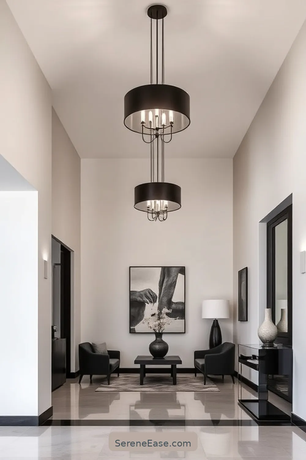 25 Ways to Achieve Monochromatic Minimalist Style in Your Entryway 5 Use Statement Lighting Fixtures for 25 Ways to Achieve Monochromatic Minimalist Style in Your Entryway
