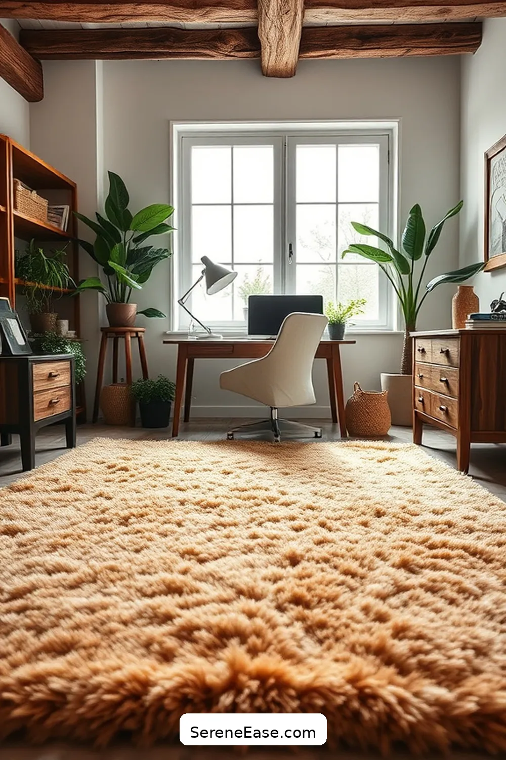25 Ways to Achieve Monochromatic Rustic Style in Your Home Office 15 Incorporate a Cozy Rug for 25 Ways to Achieve Monochromatic Rustic Style in Your Home Office