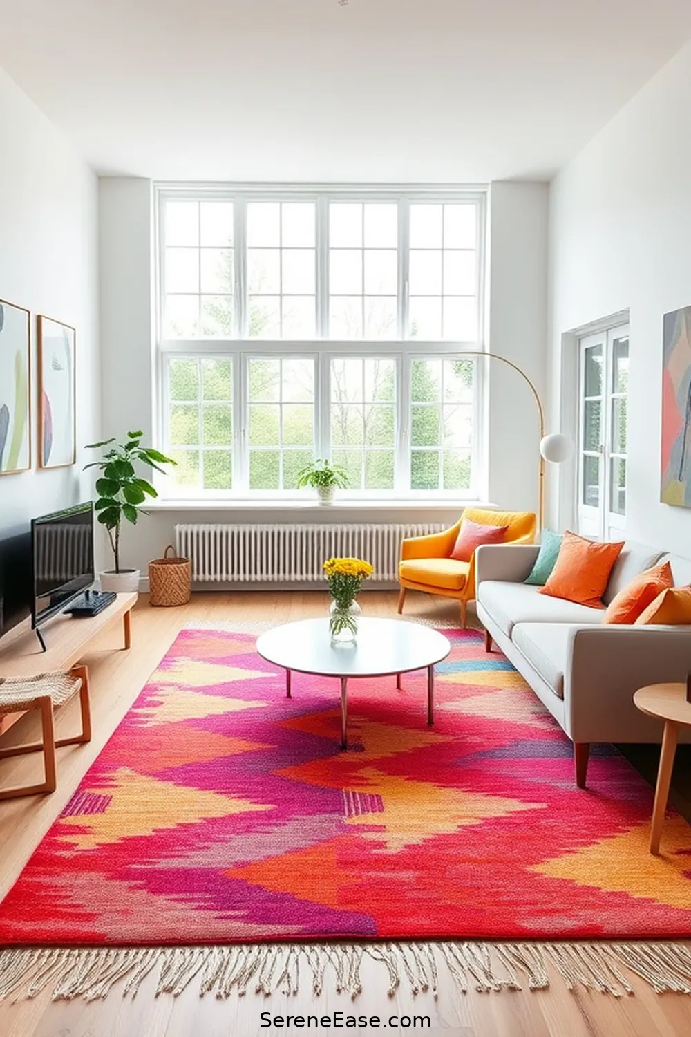 25 Ways to Achieve a Bold and Bright Scandinavian Style Living Room 16 Invest in a Colorful Area Rug for 25 Ways to Achieve a Bold and Bright Scandinavian Style Living Room