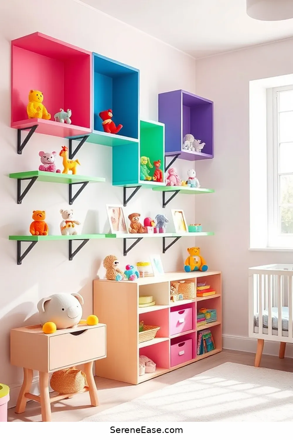 25 Ways to Incorporate Bold Colors Into a Bright Minimalist Nursery Style 21 Add Colorful Wall Shelves for 25 Ways to Incorporate Bold Colors Into a Bright Minimalist Nursery Style