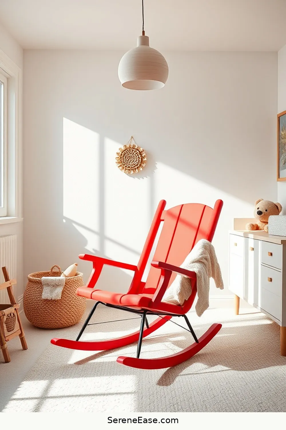 25 Ways to Incorporate Bold Colors Into a Bright Minimalist Nursery Style 24 Introduce a Colorful Rocking Chair for 25 Ways to Incorporate Bold Colors Into a Bright Minimalist Nursery Style