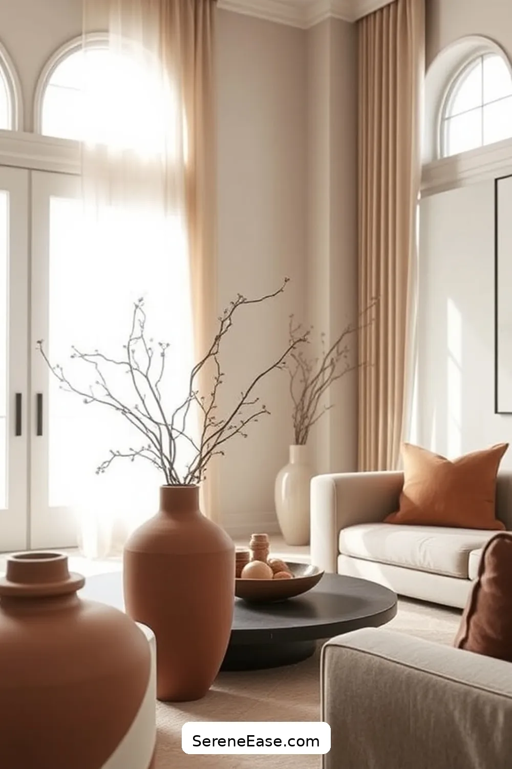 Choose Simple Ceramic Vases for 25 Ways to Incorporate Earth Tones in Minimalist Living Room Style