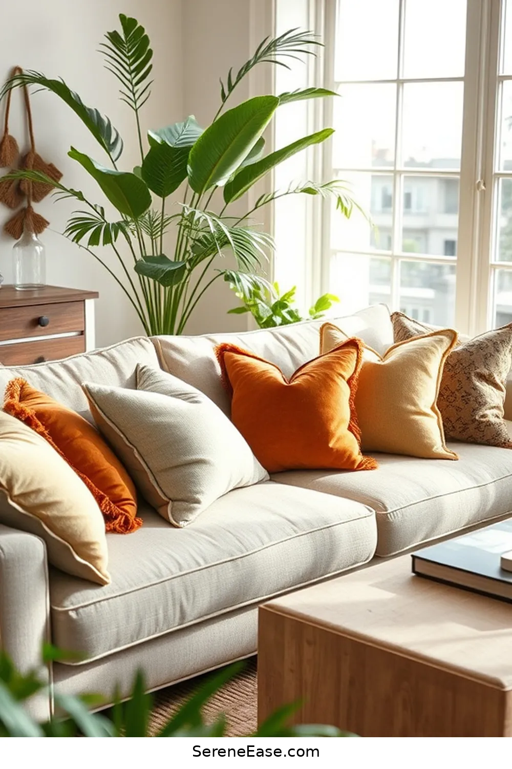 Implement Earthy Colored Throw Pillows for 25 Ways to Incorporate Earth Tones in Minimalist Living Room Style