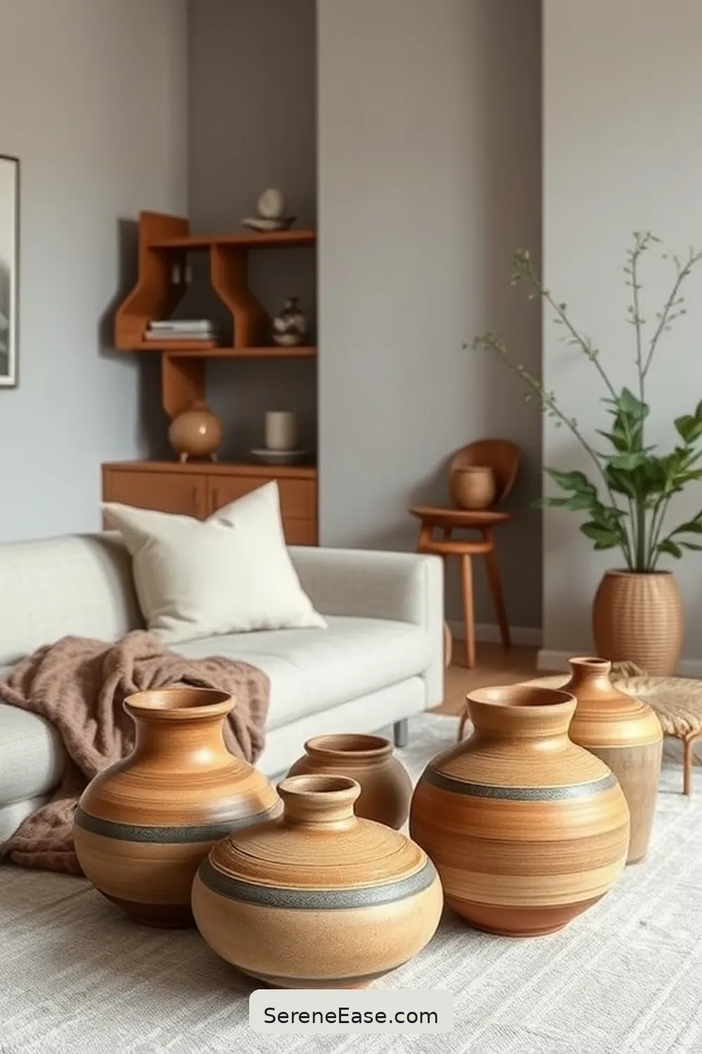 Include Handcrafted Pottery for 25 Ways to Incorporate Earth Tones in Minimalist Living Room Style