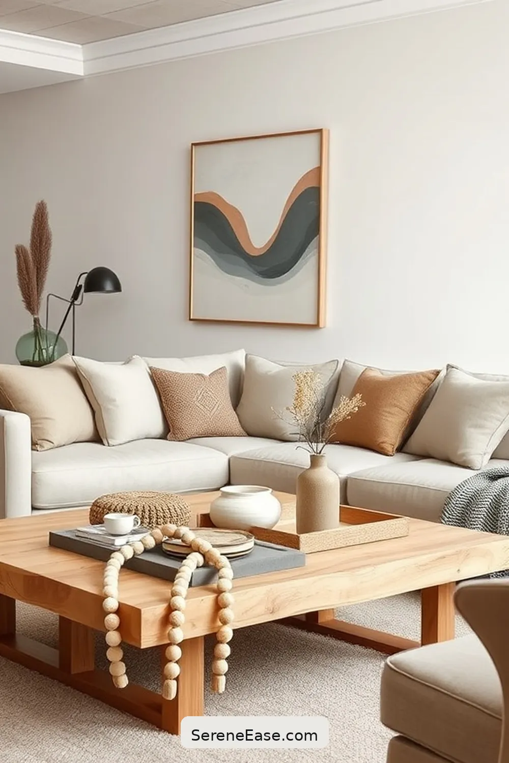 Incorporate a Wooden Bead Garland for 25 Ways to Incorporate Earth Tones in Minimalist Living Room Style