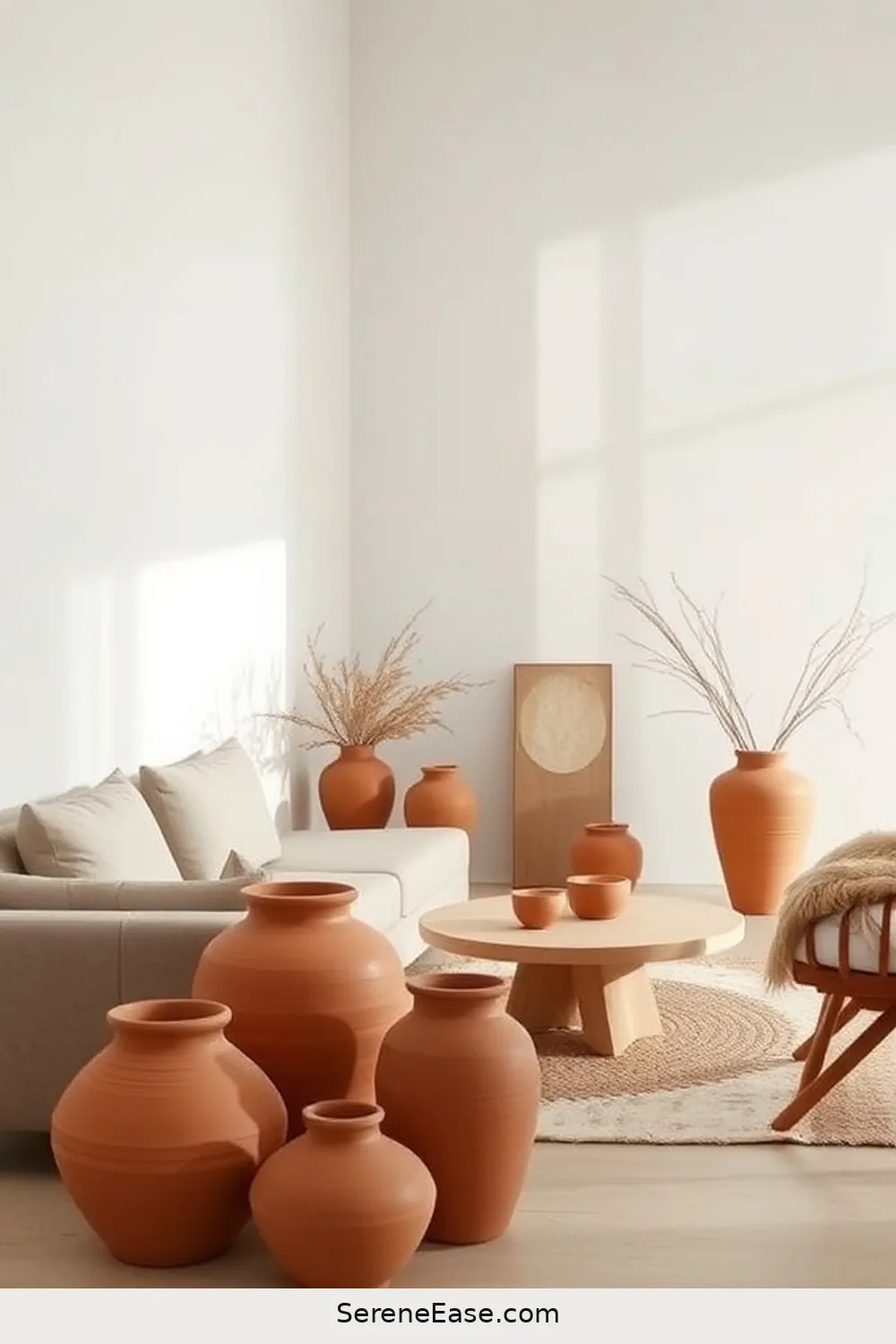 Introduce Clay or Terracotta Decor for 25 Ways to Incorporate Earth Tones in Minimalist Living Room Style