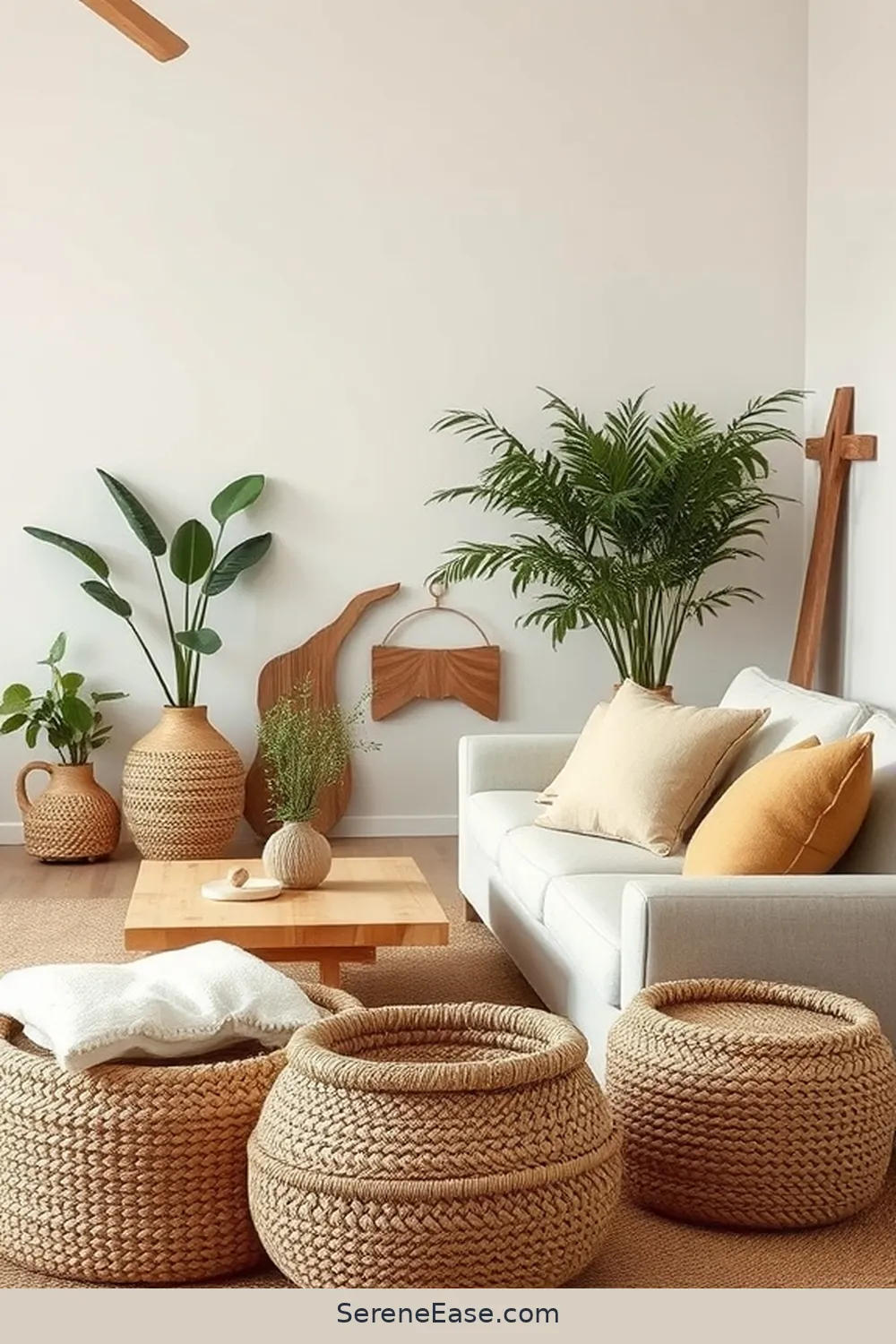 Use Woven Baskets for Storage for 25 Ways to Incorporate Earth Tones in Minimalist Living Room Style