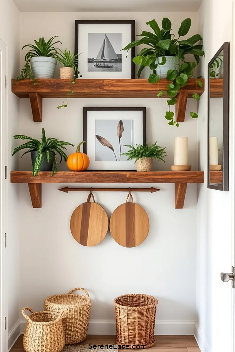 25 Ways to Incorporate Earth Tones in Modern Farmhouse Hallway Style 22 Utilize Reclaimed Wood for Shelving for 25 Ways to Incorporate Earth Tones in Modern Farmhouse Hallway Style