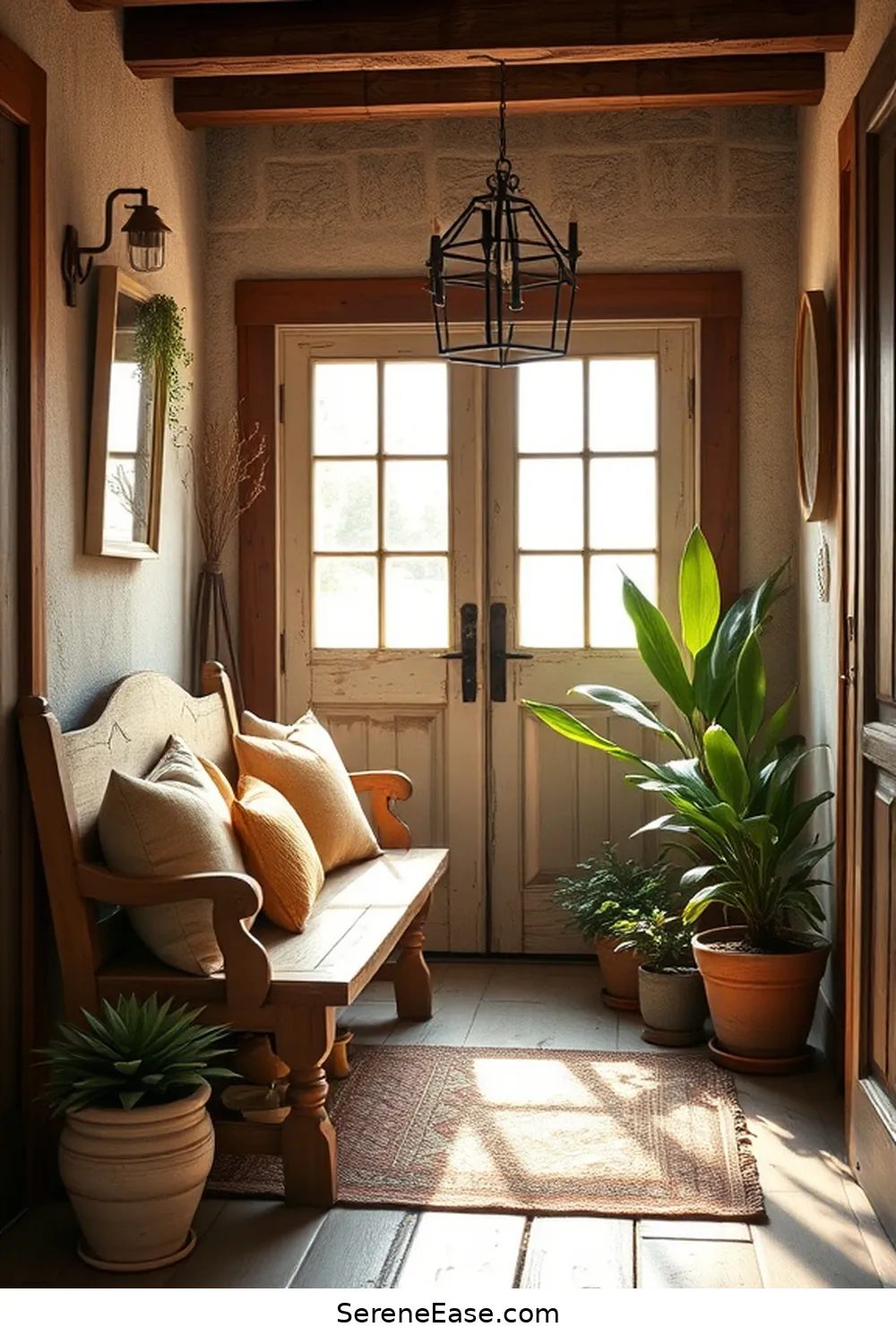25 Ways to Incorporate Earth Tones in Rustic Entryway Style 15 Add a Vintage Bench for 25 Ways to Incorporate Earth Tones in Rustic Entryway Style