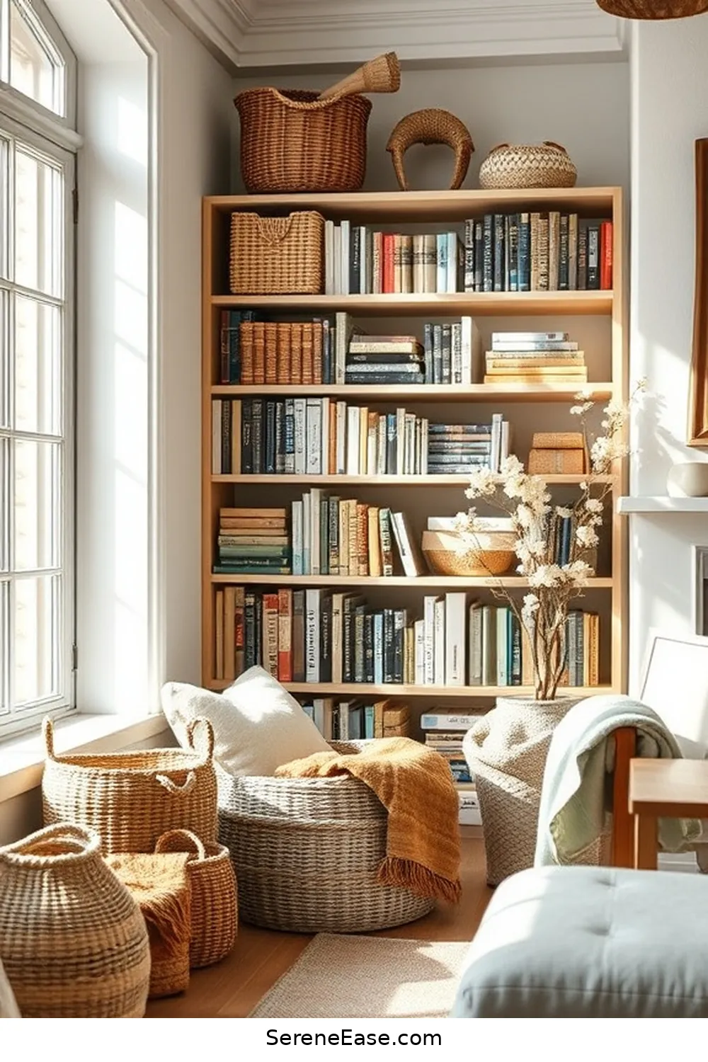 25 Ways to Incorporate Earth Tones in Scandinavian Style Libraries 14 Use Woven Baskets for Storage for 25 Ways to Incorporate Earth Tones in Scandinavian Style Libraries