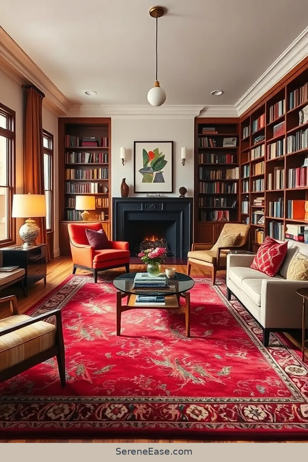25 Ways to Incorporate Jewel Tones in Mid-Century Modern Library Style 20 Incorporate Colored Throw Rugs for 25 Ways to Incorporate Jewel Tones in Mid-Century Modern Library Style