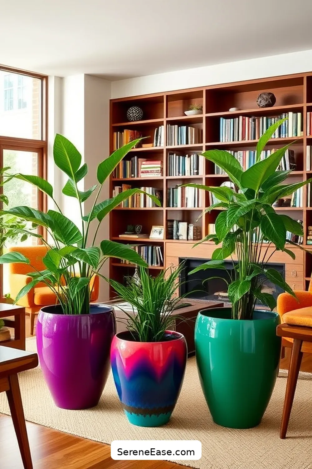 25 Ways to Incorporate Jewel Tones in Mid-Century Modern Library Style 16 Incorporate Colorful Planters for 25 Ways to Incorporate Jewel Tones in Mid-Century Modern Library Style