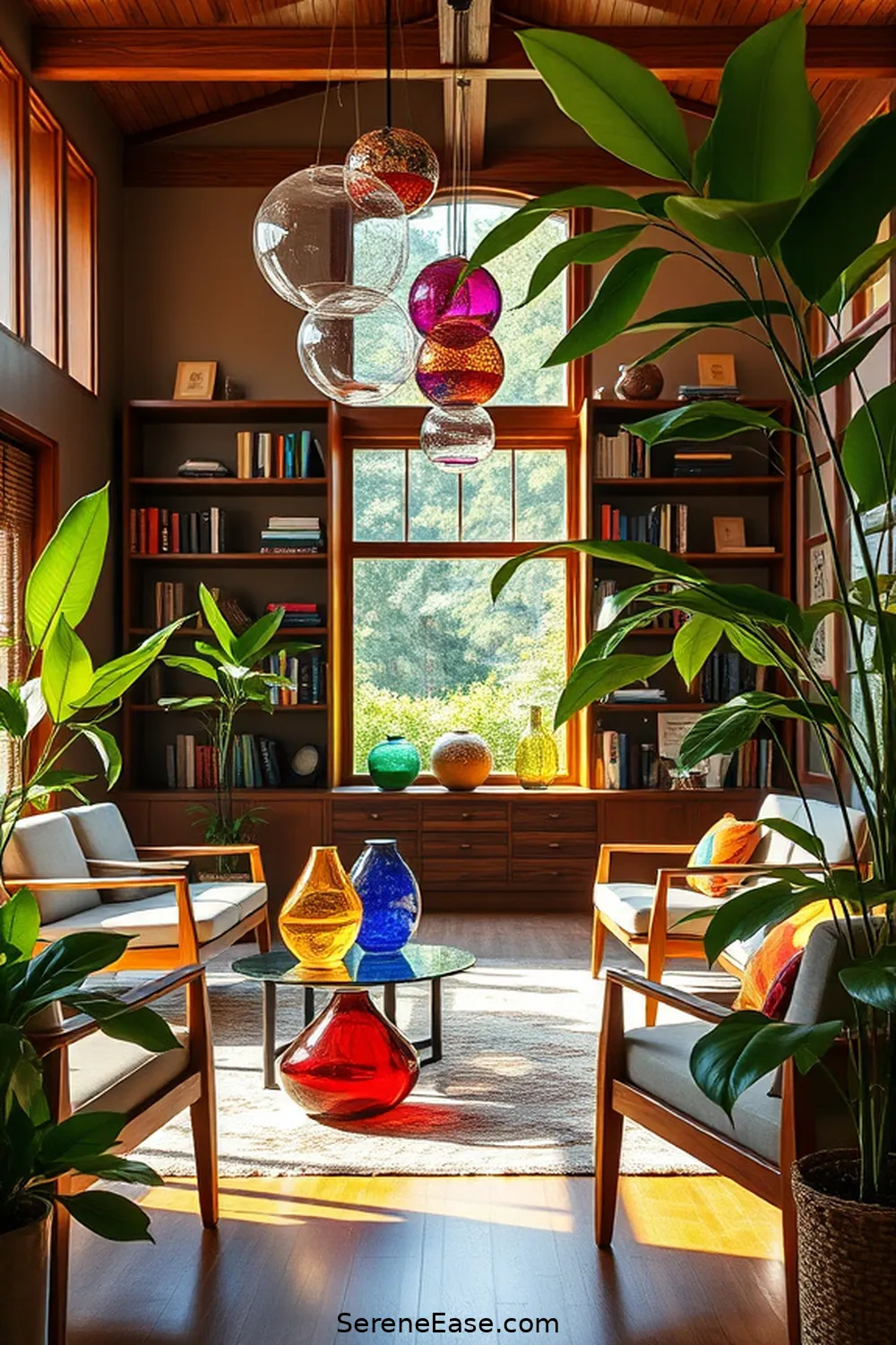 25 Ways to Incorporate Jewel Tones in Mid-Century Modern Library Style 12 Integrate Colored Glass Decor for 25 Ways to Incorporate Jewel Tones in Mid-Century Modern Library Style