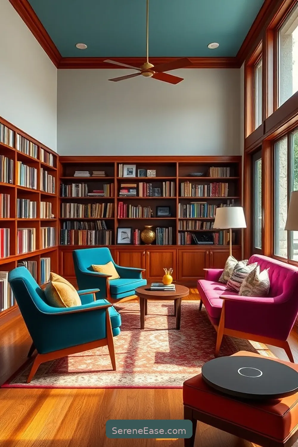 25 Ways to Incorporate Jewel Tones in Mid-Century Modern Library Style 18 Opt for Upholstered Chairs in Bold Colors for 25 Ways to Incorporate Jewel Tones in Mid-Century Modern Library Style