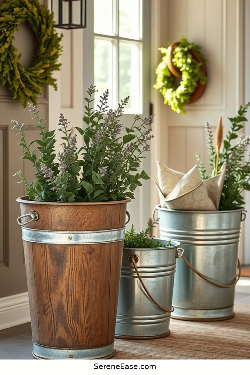 25 Ways to Incorporate Metallic Accents in a Rustic Entryway Style 17 Vintage Metallic Buckets for Storage for 25 Ways to Incorporate Metallic Accents in a Rustic Entryway Style