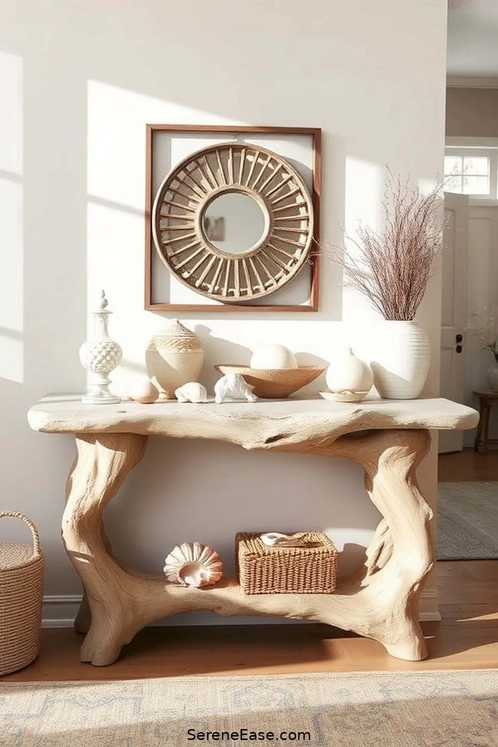 25 Ways to Incorporate Neutral Tones in Coastal Entryway Style 9 Install a Driftwood Console Table for 25 Ways to Incorporate Neutral Tones in Coastal Entryway Style