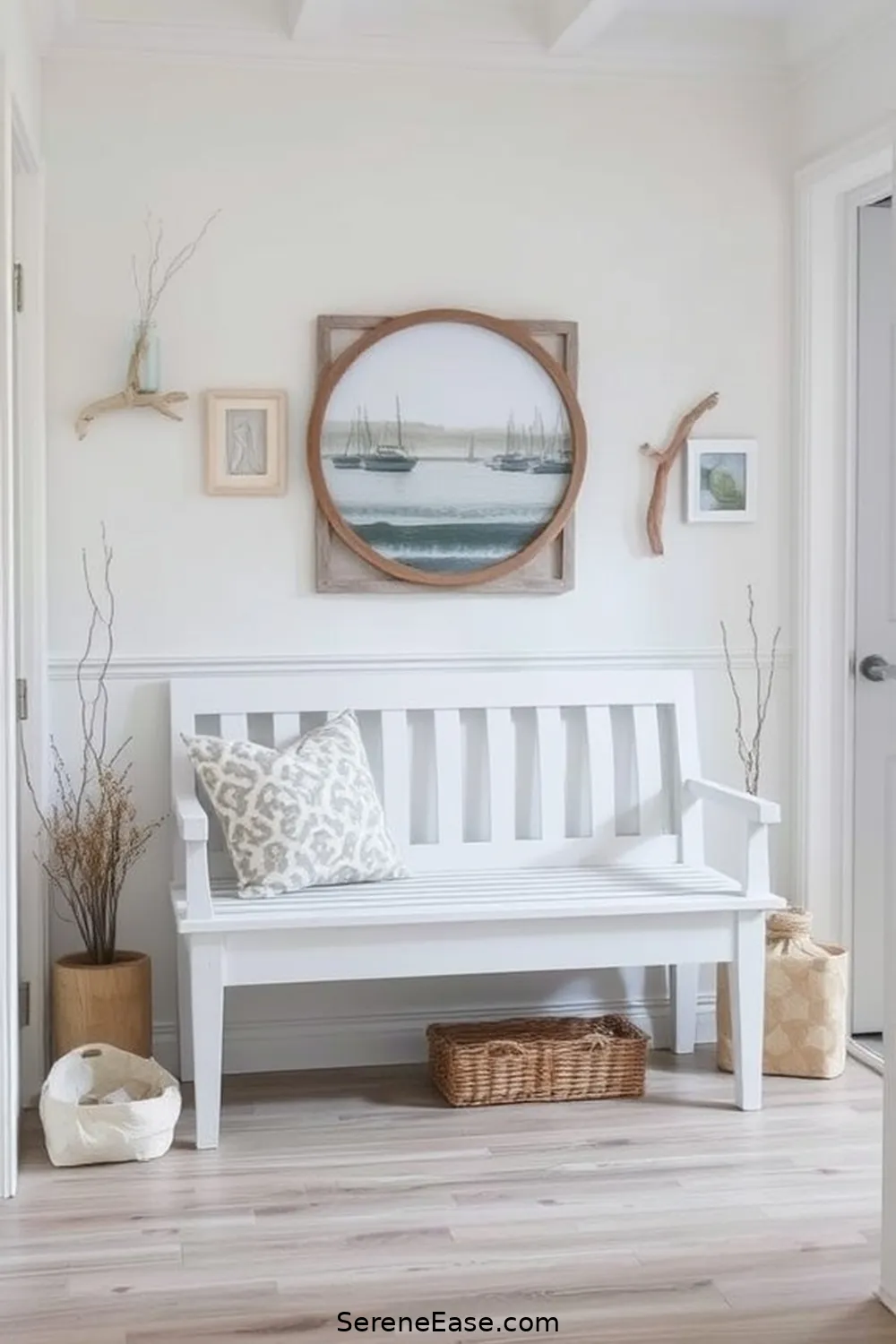 25 Ways to Incorporate Neutral Tones in Coastal Entryway Style 20 Use a Soft Grey or White Bench for 25 Ways to Incorporate Neutral Tones in Coastal Entryway Style