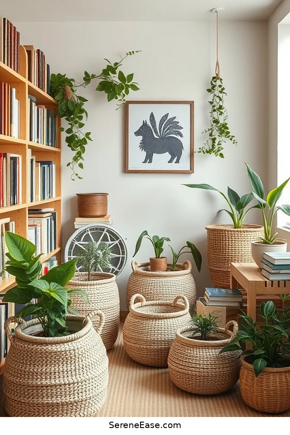 25 Ways to Incorporate Neutral Tones in a Bohemian Style Library 5 Use Woven Baskets for Storage for 25 Ways to Incorporate Neutral Tones in a Bohemian Style Library