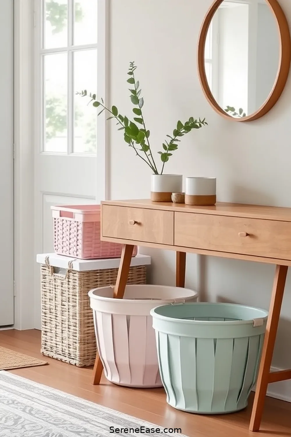 25 Ways to Incorporate Pastels in a Mid Century Modern Entryway Style 22 Incorporate Pastel Baskets for Organization for 25 Ways to Incorporate Pastels in a Mid Century Modern Entryway Style