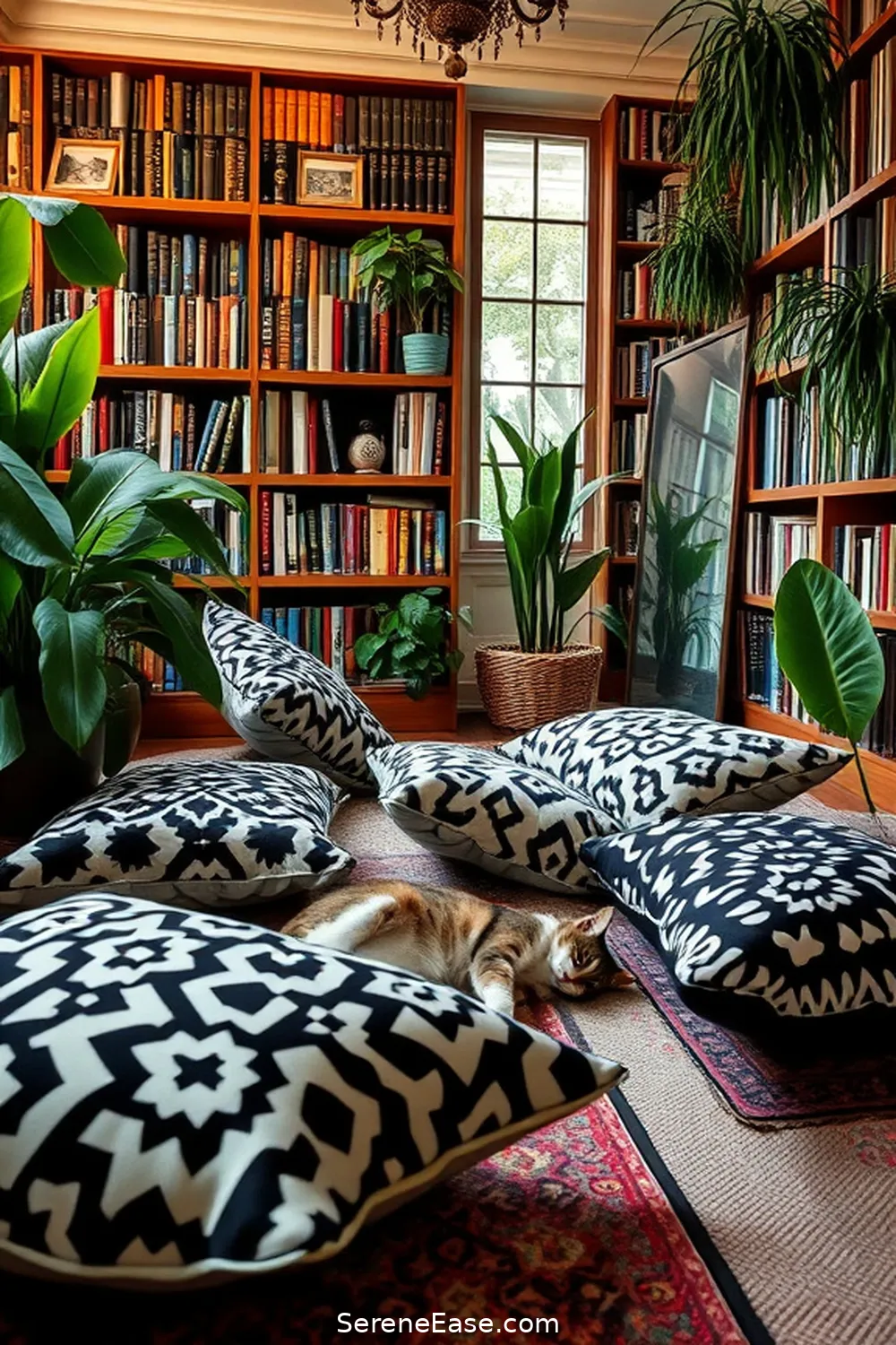 25 Ways to Infuse Black and White Bohemian Style Into Your Library 21 Integrate a Floor Pillow Setup for 25 Ways to Infuse Black and White Bohemian Style Into Your Library