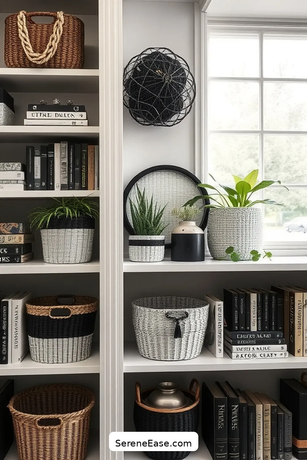 25 Ways to Infuse Black and White Bohemian Style Into Your Library 12 Utilize Decorative Baskets for 25 Ways to Infuse Black and White Bohemian Style Into Your Library