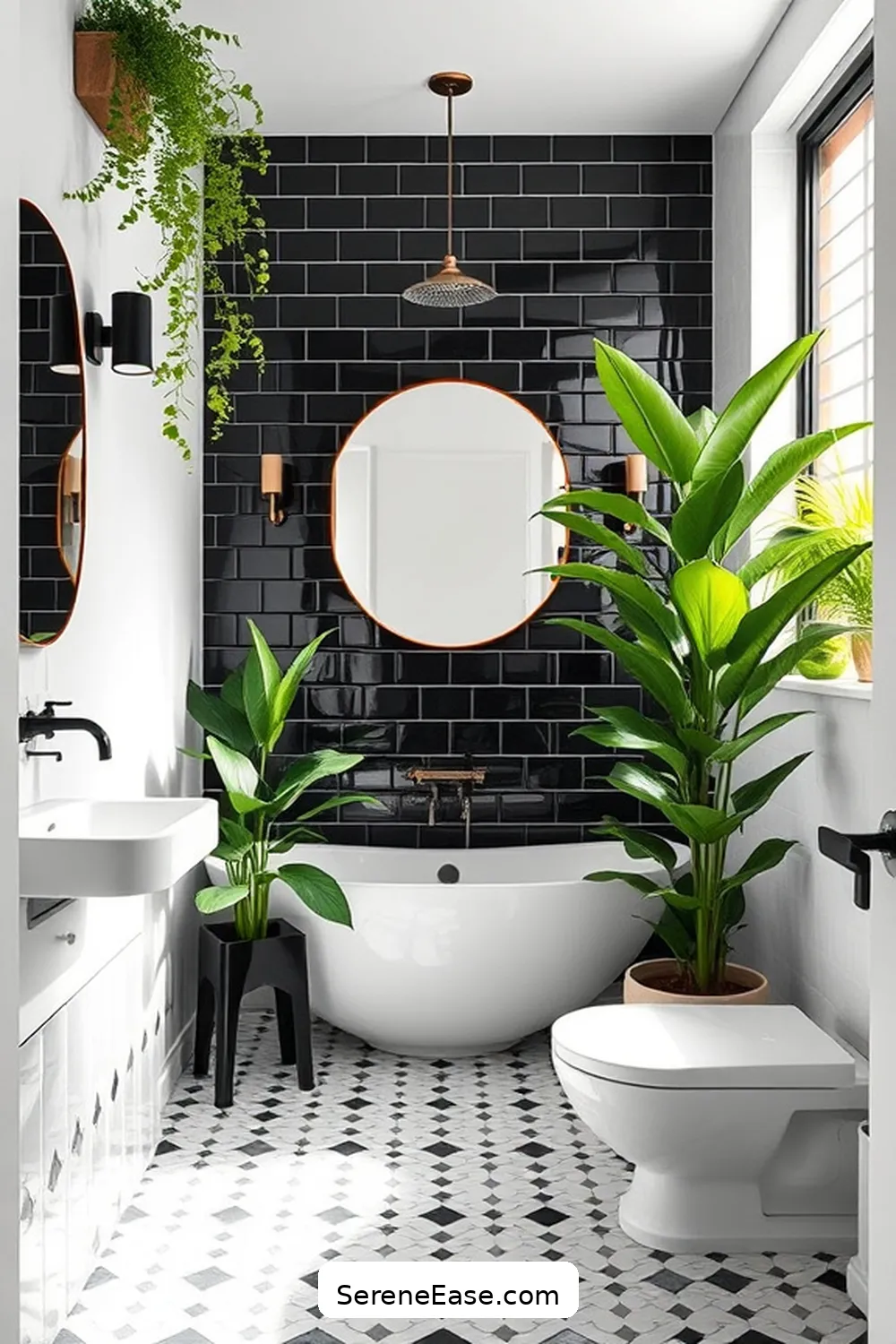 Achieve a Black and White Mid-Century Modern Bathroom Style 9 Add Greenery for a Fresh Touch for Achieve a Black and White Mid-Century Modern Bathroom Style