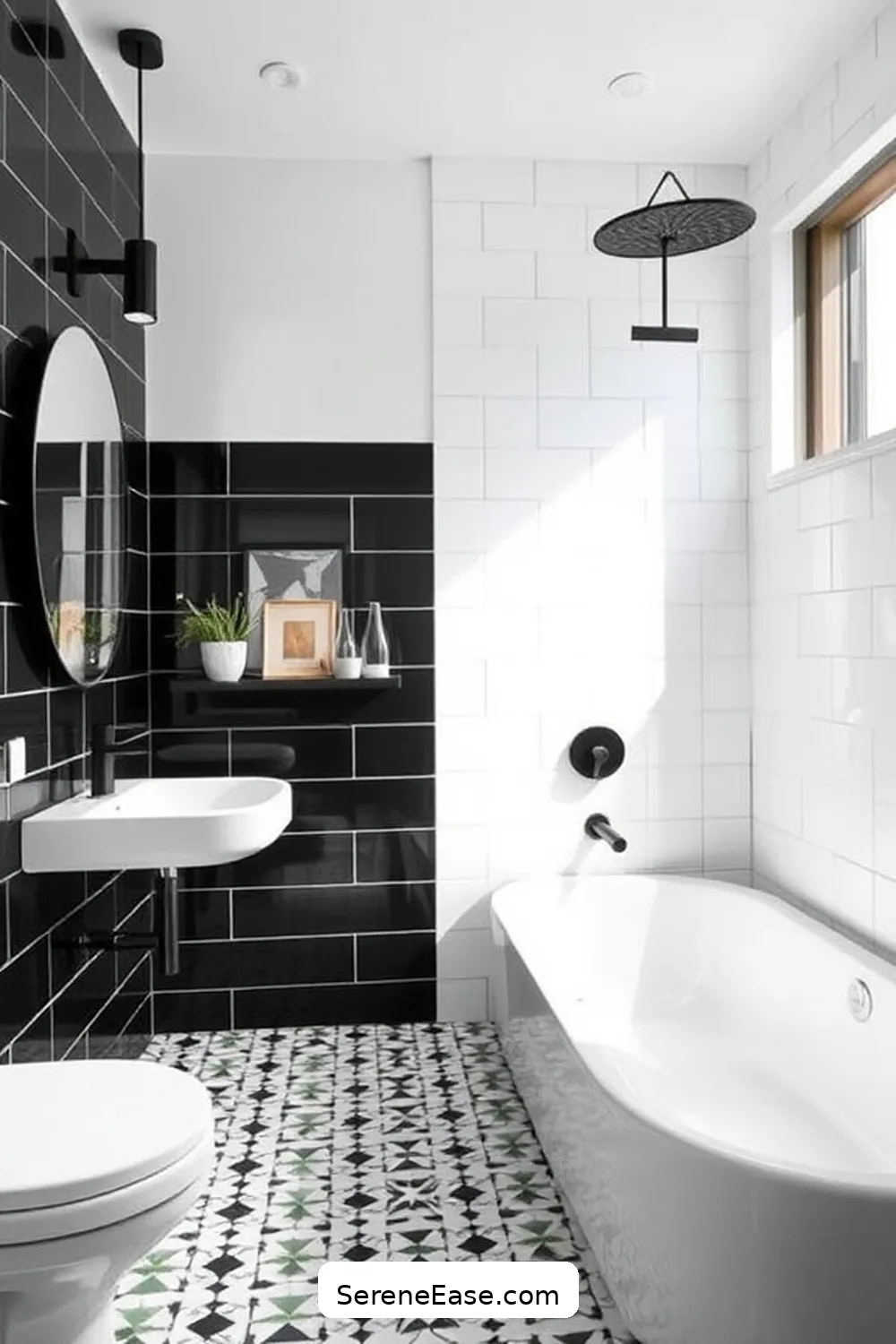 Achieve a Black and White Mid-Century Modern Bathroom Style 4 Incorporate Geometric Patterns for Achieve a Black and White Mid-Century Modern Bathroom Style