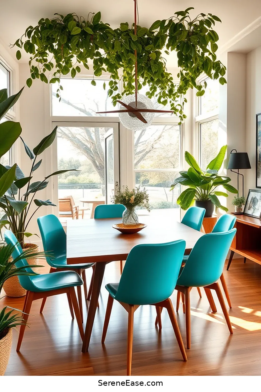 Achieve a Bold and Bright Mid-Century Modern Dining Room 13 Enhancing With Greenery for Achieve a Bold and Bright Mid-Century Modern Dining Room
