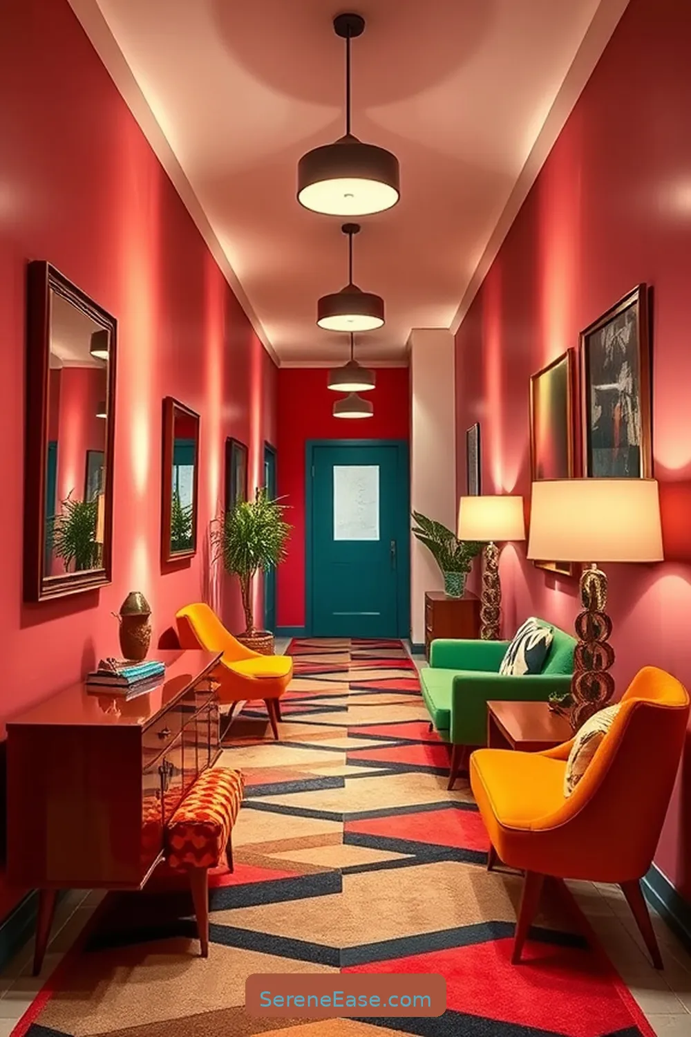 Incorporating Iconic Furniture Pieces for Achieve a Bold and Bright Mid-Century Modern Hallway Style