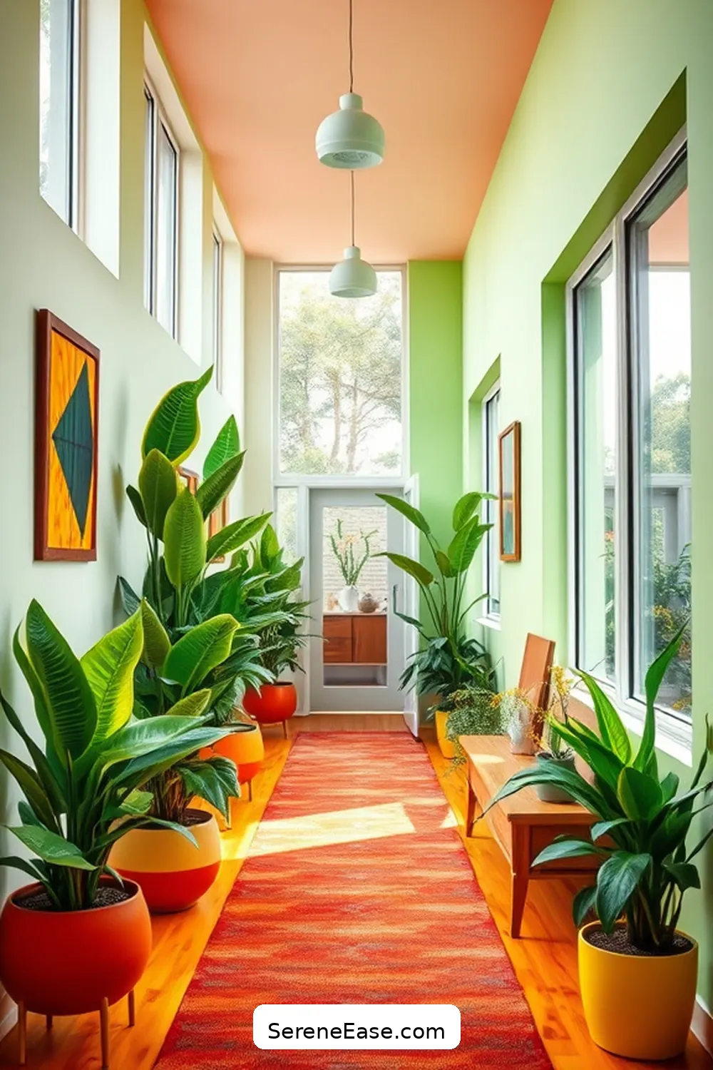 Incorporating Plants for a Fresh Look for Achieve a Bold and Bright Mid-Century Modern Hallway Style