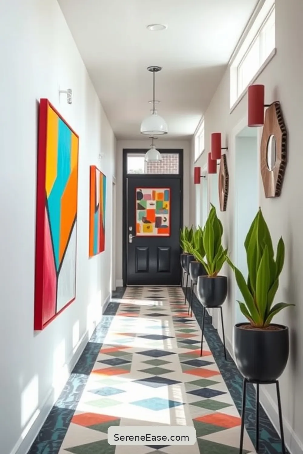 Utilizing Artwork and Wall Decor for Achieve a Bold and Bright Mid-Century Modern Hallway Style