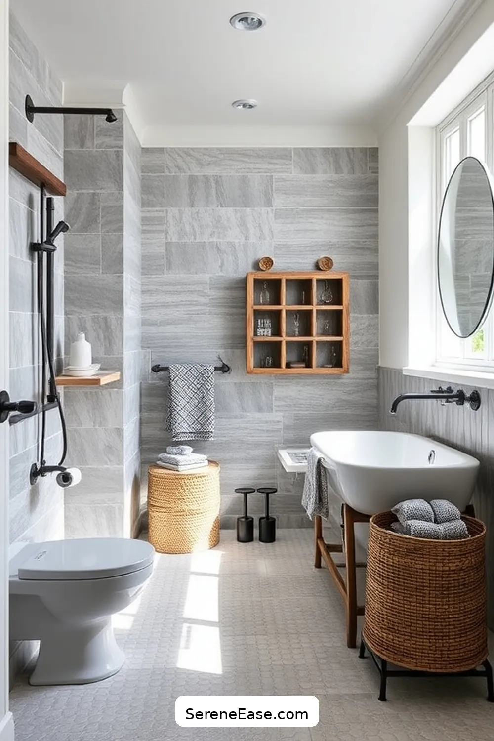 Utilizing Textures and Patterns for Achieve a Monochromatic Bathroom in Modern Farmhouse Style