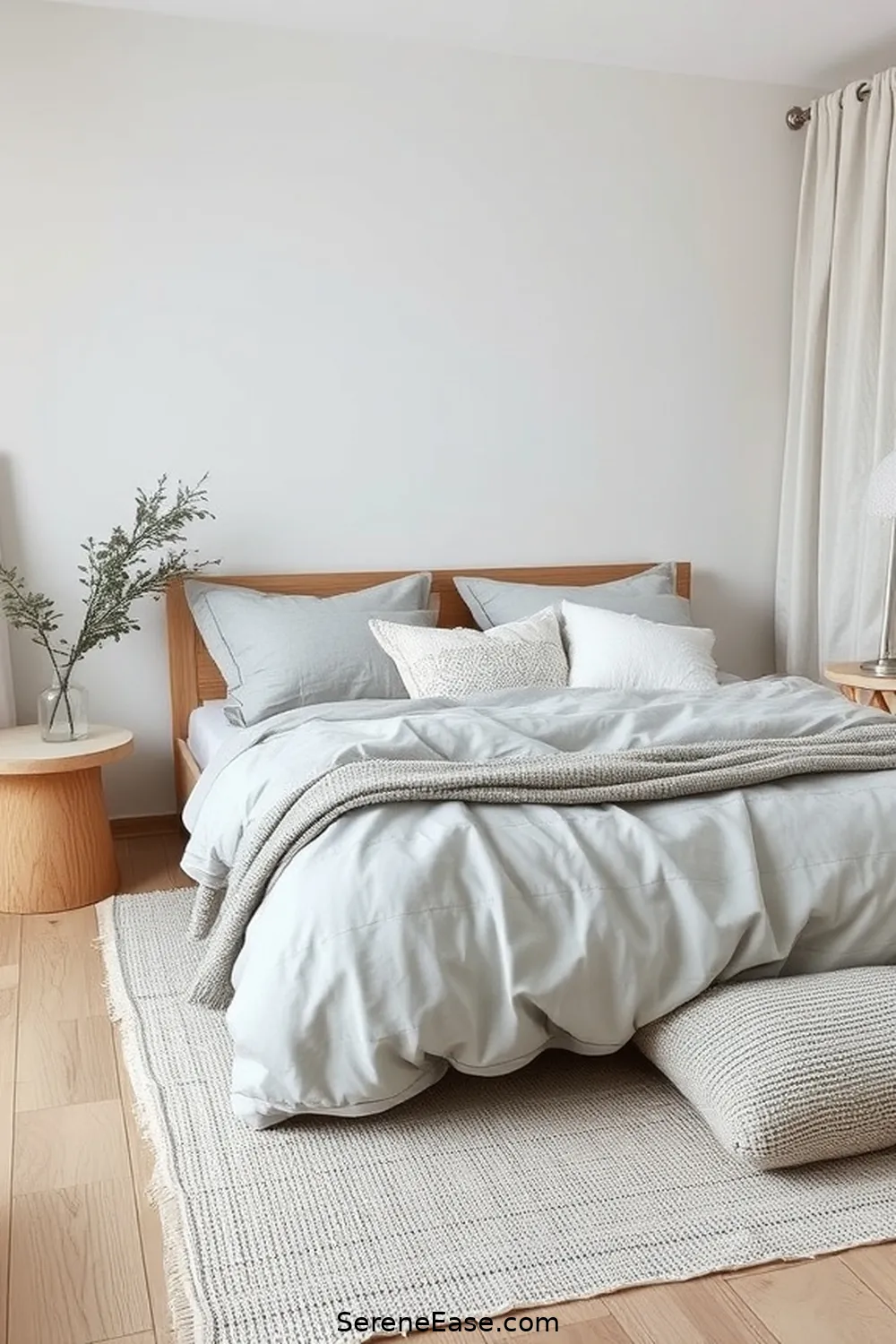 Use Layered Textiles for Achieve a Monochromatic Scandinavian Bedroom in 19 Ways