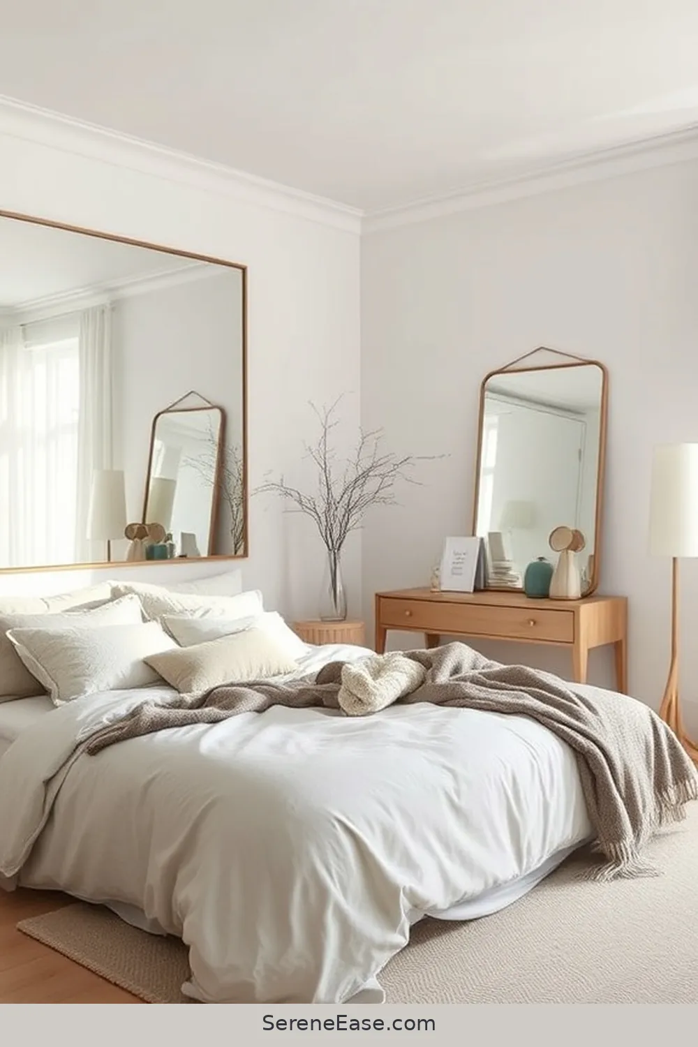 Use Mirrors to Enhance Light for Achieve a Monochromatic Scandinavian Bedroom in 19 Ways